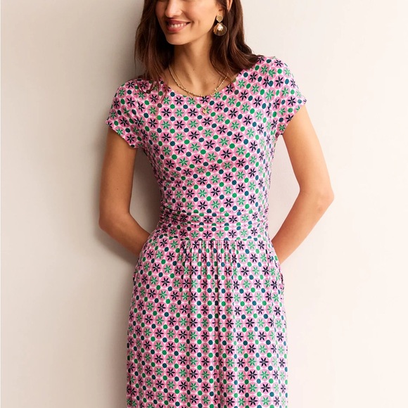 Boden Amelie Jersey Midi Dress in Pink Power Botanic Tile Size US 8 - Picture 3 of 10